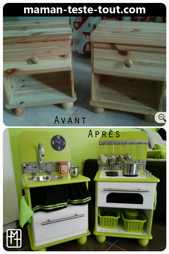 Diy : fabriquer une cuisine pour enfant avec deux tables de chevet ... Chevet blanc bois enfant